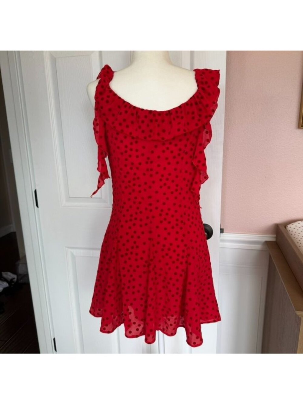 Romantic Flowy Red Polka Dot Ruffle Mini Dress Size Small